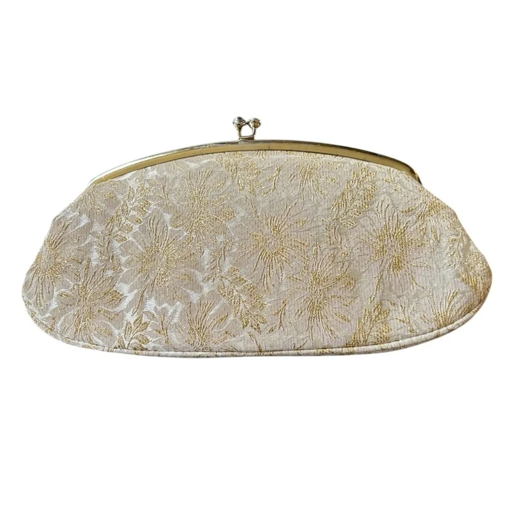 VTG Avon Kadin Gold Shimmer Floral Clutch Handbag Top Snap Satin Lining 10X5”